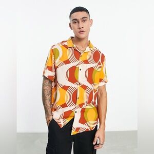 ASOS Relaxed Revere Shirt 70s Geo Print Button Down 2XL